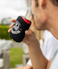 Black White | Man about to drink from can in Swanndri Stubby Holder
