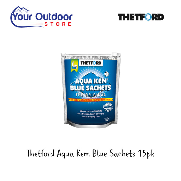 Thetford Aqua Kem Blue Sachets 15pk. Hero image with title and logos