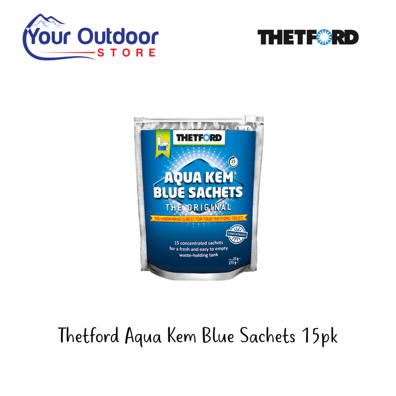 Thetford Aqua Kem Blue Sachets 15pk. Hero image with title and logos