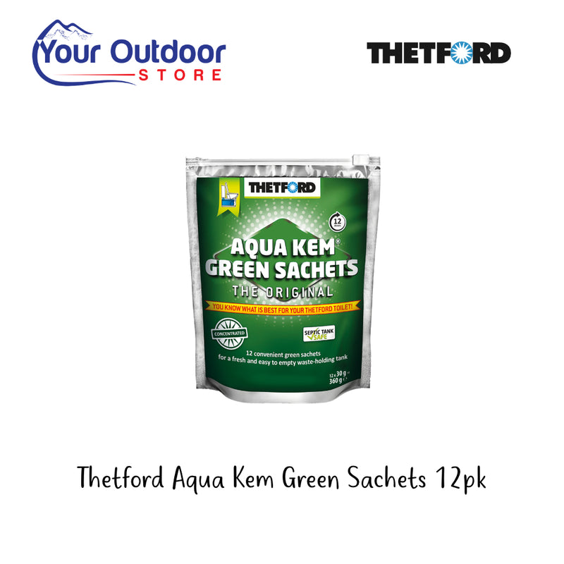 Thetford Aqua Kem Green Sachets 12pk. Hero image with title and logos