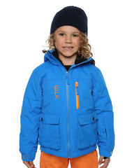 Bright Blue | XTM Kamikaze Kids Water Proof Jacket. Image depicts model wearing the bright blue colored jacket shown from the front. Your Outdoor Store