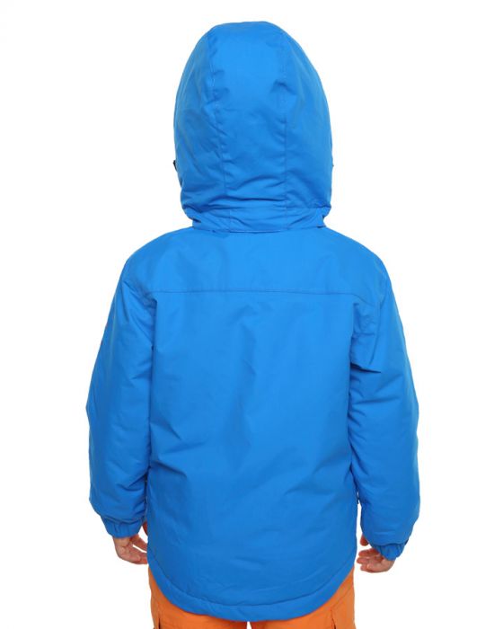 Bright Blue | XTM Kamikaze Kids Water Proof Jacket. Image depicts model wearing the bright blue colored jacket shown from the Back with Hood on. Your Outdoor Store