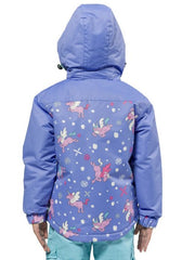 Cornflower | XTM Kamikaze Kids Water Proof Jacket. Image depicts model wearing the cornflower colored jacket shown from the Back with Hood on. Your Outdoor Store