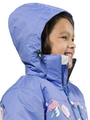 Cornflower | XTM Kamikaze Kids Water Proof Jacket. Image depicts model wearing the Cornflower colored jacket shown close up from the side with Hood on. Your Outdoor Store