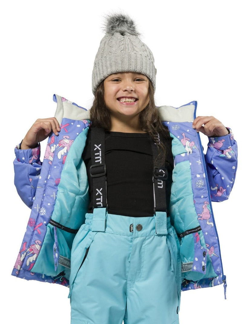 Cornflower | XTM Kamikaze Kids Water Proof Jacket. Image depicts model wearing the Cornflower colored jacket showing the inside of the jacket with the zipper open. Your Outdoor Store