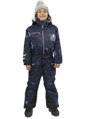 Navy Floral | XTM Akira Kids Snow Suit. Modeled Full Body View from the Front. Your Outdoor Store