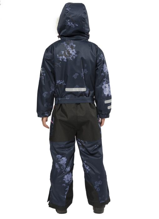Navy Floral | XTM Akira Kids Snow Suit. Modeled Full Body View from the Back. Your Outdoor Store