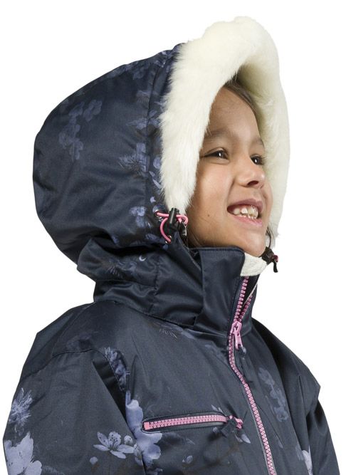 Navy Floral | XTM Akira Kids Snow Suit. Modeled Close up View of the shoulders and head angled side view. Your Outdoor Store