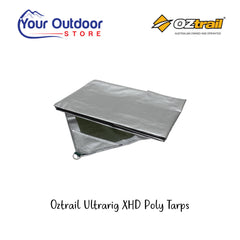 Oztrail Ultrarig XHD Poly tarp. Hero image with title and logos