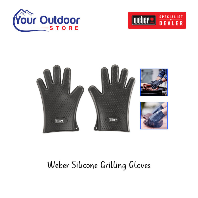 Weber Silicone Grilling Gloves. Hero image with title and logos