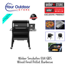 Weber Smokefire EX4 GBS Wood fired Pellet Barbecue. Hero image with title and logos.