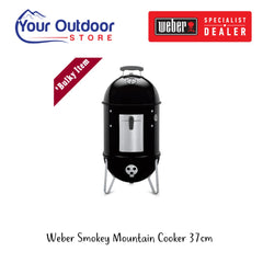 Weber Smokey Mountain Cooker 37cm. Hero image with title and logos