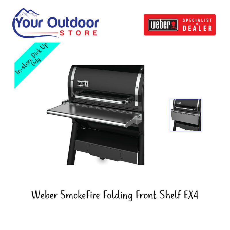 Weber SmokeFire Stainless Steel Folding Front Shelf EX4. Main image with logos and image insert