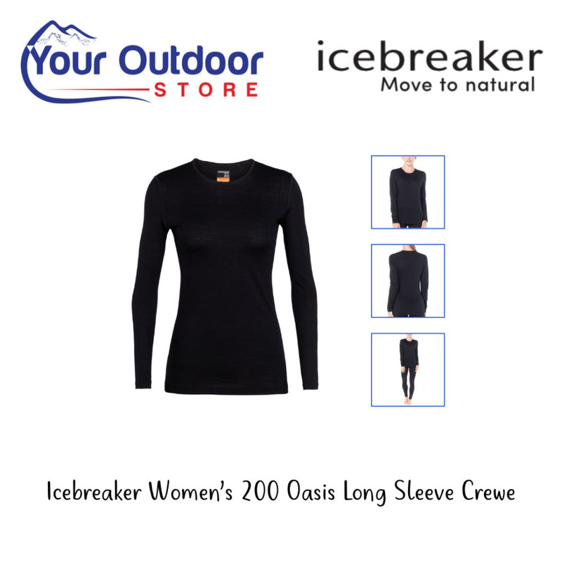 Icebreaker Women's 200 Oasis Long Sleeve Crewe. Hero Image Showing Logos and Title. 