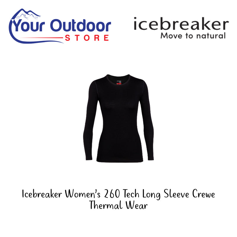 Icebreaker Women's 260 Tech Long Sleeve Crewe Thermal Wear. Hero Image Showing Logos and Title. 