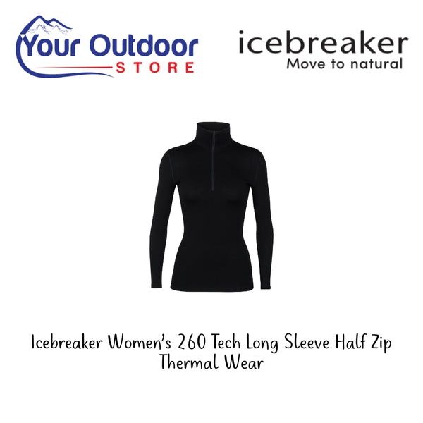 Icebreaker Women's 260 Tech Long Sleeve Half Zip Thermal Wear. Hero Image Showing Logos and Title. 