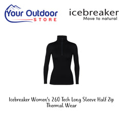 Icebreaker Women's 260 Tech Long Sleeve Half Zip Thermal Wear. Hero Image Showing Logos and Title. 
