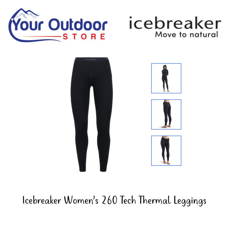 Black | Icebreaker Women's Merino 260 Tech Leggings. Hero Image Showing Logos, Title and Angled Images. 
