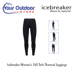 Black | Icebreaker Women's Merino 260 Tech Leggings. Hero Image Showing Logos, Title and Angled Images. 