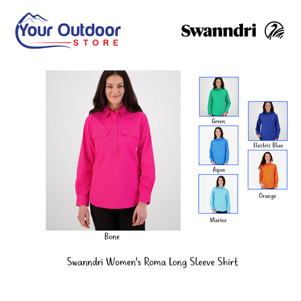 Swanndri Womens Roma Long Sleeve Shirt. Hero image with title and logos plus colour image inserts