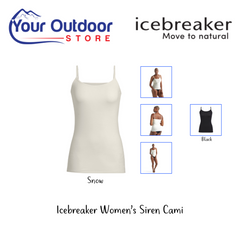 Snow | Icebreaker Women's Siren Cami. Hero Image Showing Logos, Title and Small Angled Images.
