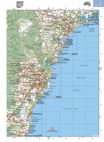 Page example, map NSW coast. Bomaderry to Tea Gardens